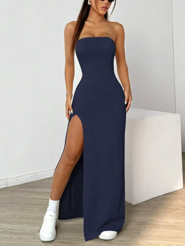 Elegant ladies strapless strapless slit simple basic plain long skirt, perfect for summer outing