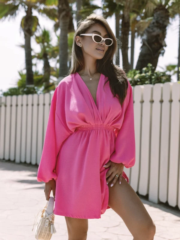 Casual Loose Women'S Dress 2024 Fashion Solid V Collar Puff Sleeve Mini Dresses Elegant Female Sexy Dress